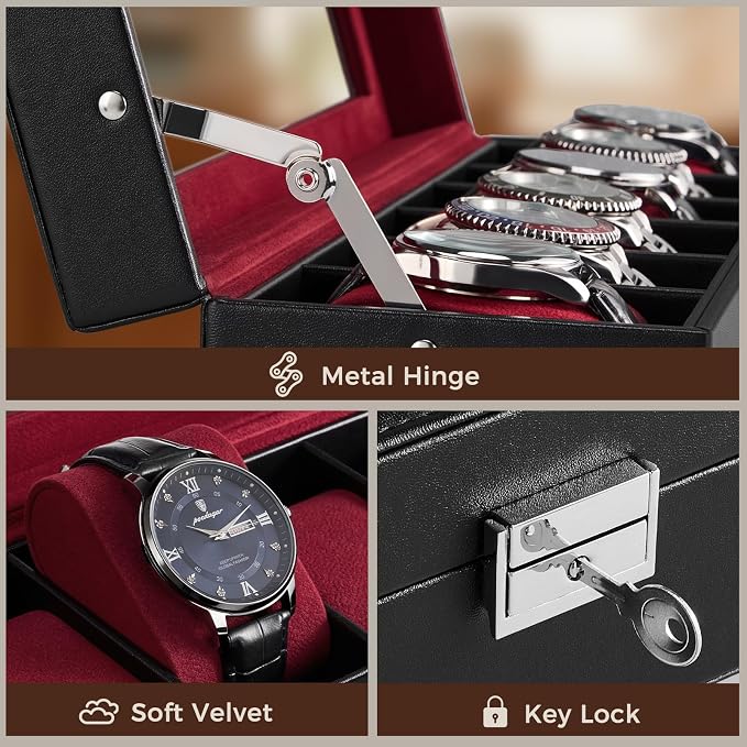 ProCase 6 Slot Watch Case Box for Men, PU leather Man Watch Organizer with Soft Pillow, Lockable Watch Collection Storage Holder with Glass Display Lid, Fathers Day Gift for Dad -Winered