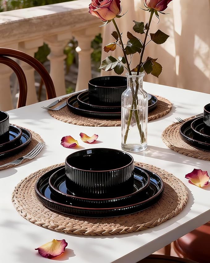 Star 24-Piece Plates and Bowls Set, Porcelain Dinnerware Sets for 8 Service, Modern Dish Set with Rust-Red Rim, Chip and Scratch Resistant, Dishwasher & Microwave Safe, Black