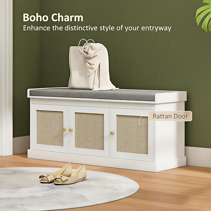 HOMCOM Shoe Bench with Woven Rattan Doors, Shoe Storage Bench with Cushion, Adjustable Shelves for 9 Pairs, Boho Style Entryway Bench for Bedroom, Living Room, 13.8 x 41.3 x 18.5 Inches, White