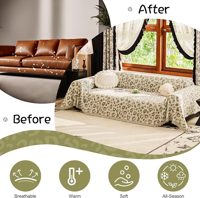 VClife Bohemian Sofa Cover, Cute Animal Leopard Jacquard Fabric Couch Covers for Sectional Sofa, 1 Piece Extra Large Sofa Protector Home Decor Aesthetic Sofa Slipcover for Dog, Green, 71''x134''
