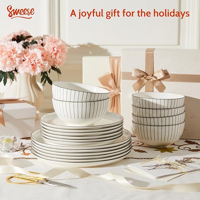 Sweese Lightweight Dinnerware Sets, Plates and Bowls Set for 6, 18 Pieces Stripe Dishes - Chip and Scratch Resistant, Microwave and Dishwasher Safe Porcelain Dinner Sets, Gray