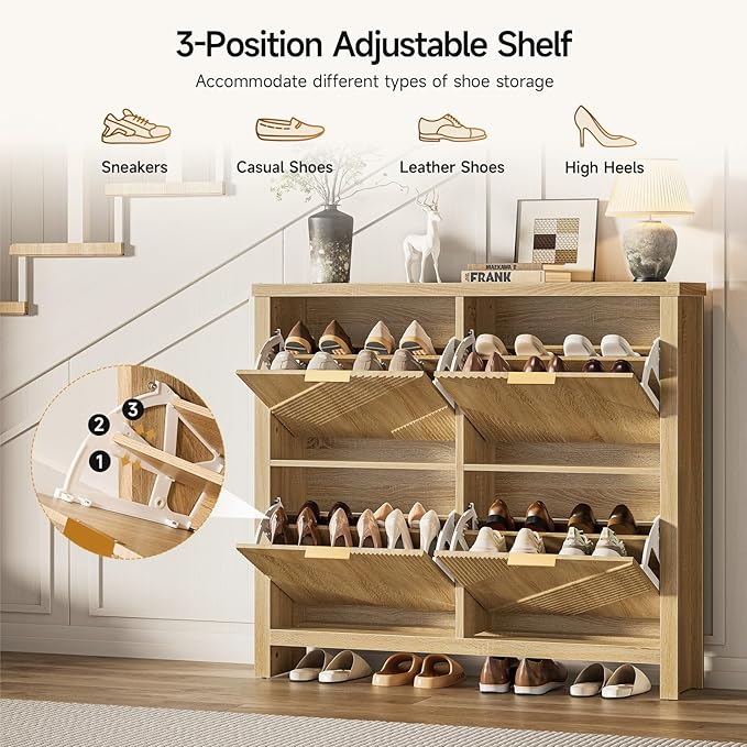 ONBRILL Shoe Cabinet with 4 Flip Drawers, 16-24 Pairs Shoe Organizer with Symmetric Groove Pattern, Freestanding Slim Hidden Shoe Storage Cabinet for Entryway, Hallway (Natural Oak)
