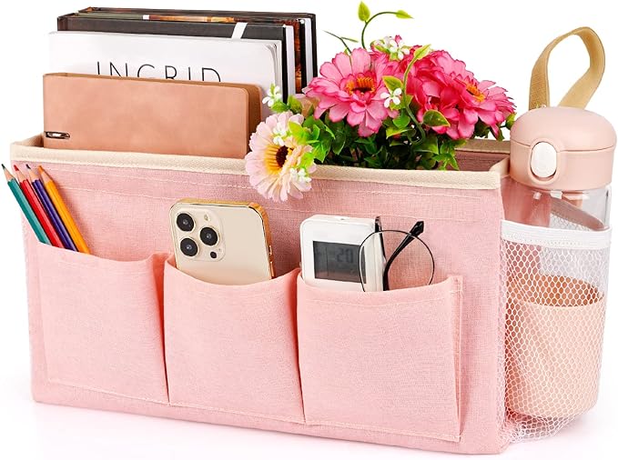 Lilithye Bedside Caddy Bedside Organizer Bedside Storage Caddy with Fixed Straps and Water Bottle Holder for Home College Dorm Bunk Bed Hospital Bed Crib Bed Rails (Pink)