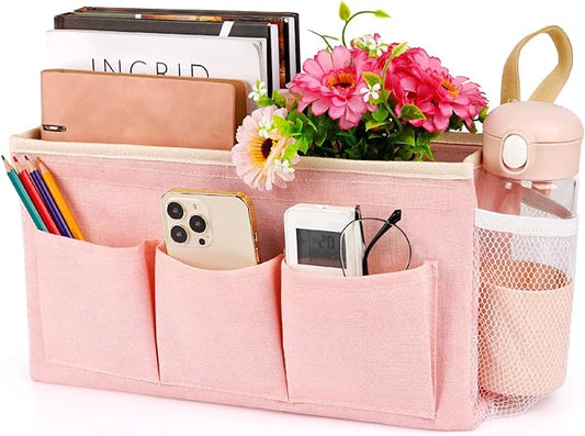 Lilithye Bedside Caddy Bedside Organizer Bedside Storage Caddy with Fixed Straps and Water Bottle Holder for Home College Dorm Bunk Bed Hospital Bed Crib Bed Rails (Pink)