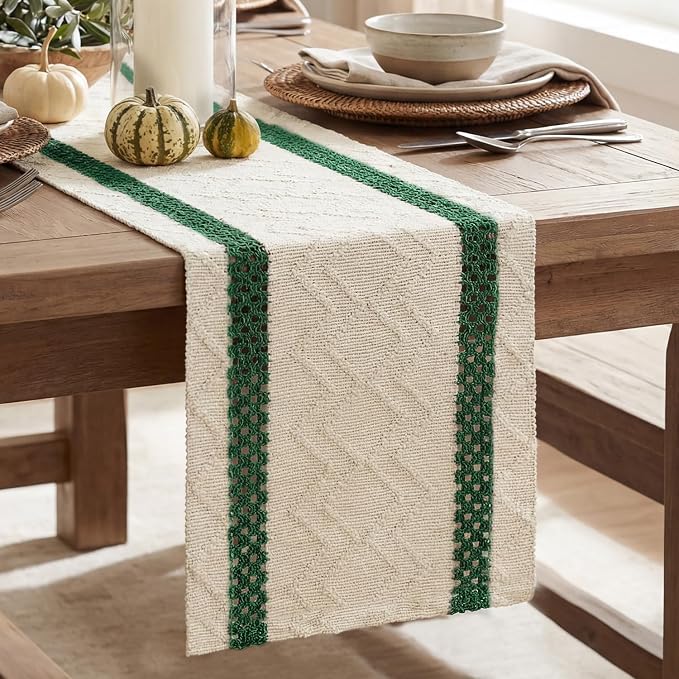 Artoid Mode Forest Green Stripe Woven Table Runner, Seasonal Holiday Hollow Kitchen Dining Table Decoration for Home Party Decor 12x120 Inch