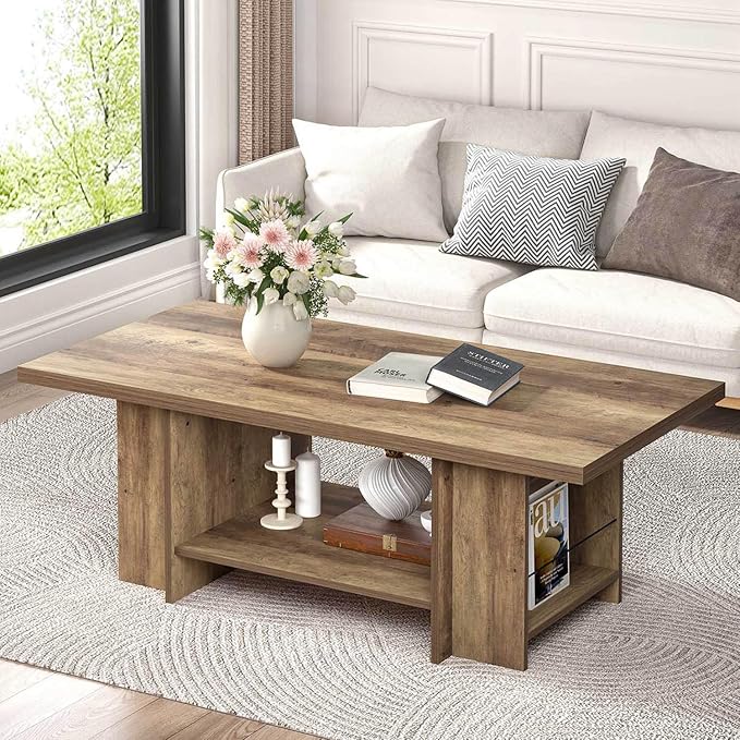 FOLUBAN Wood Coffee Table, Modern Center Table for Living Room with Bottom Storage Shelf & Side Shelves, 2-Tier Rectangle Cocktail Tea Table for Home Decor, 47 Inch, Rustic Oak