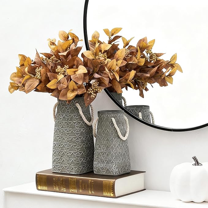 Vaseking Elegant Petite Vase, 7 inch Ceramic Modern Minimalism Geometric Texture Purse Vase with Hanging Rope, Creative Tote Bag Vases for Home Decor, Living Room, Wedding, Bookshelf Decor, Gray