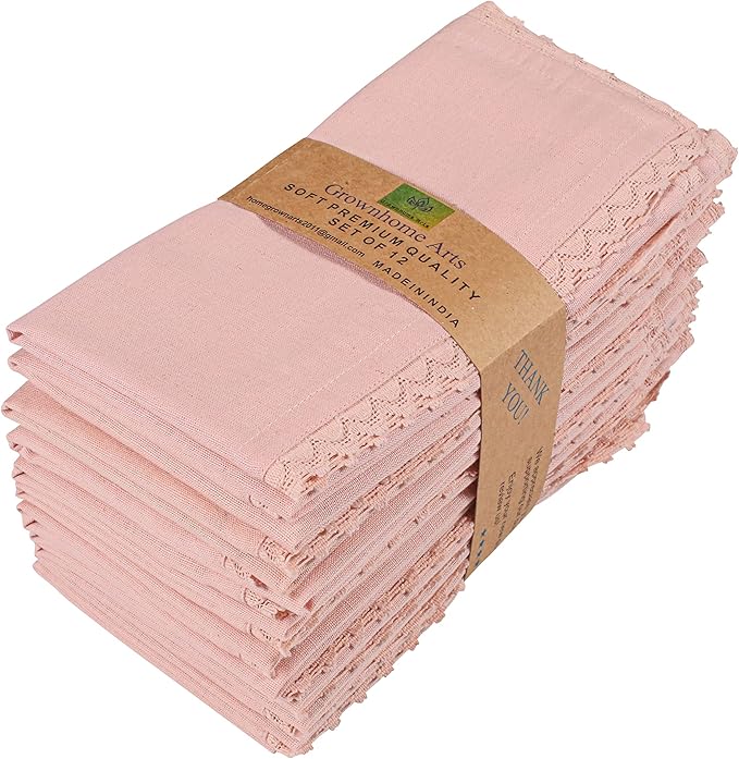 Blush Pink lace cotton linen 85%cotton 15%Linen 12 pcs set size-12x12 inches Dinner Napkins Everyday Use Premium Quality Over Sized Cloth Napkins Hemmed Ultra Soft Durable Hotel Quality