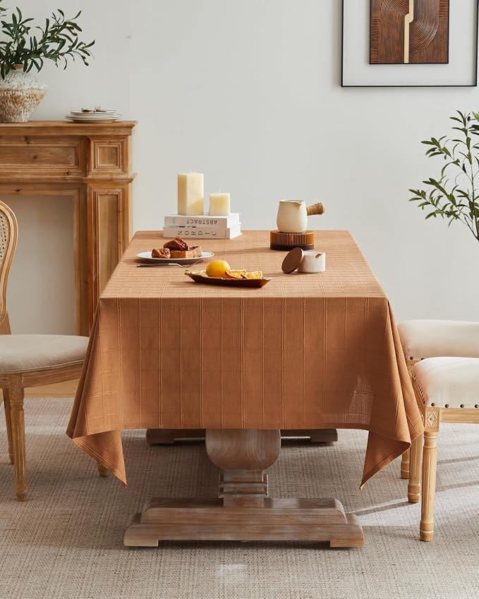 ZeeMart Linen Checked Table Cloth 60x104 Inches (Fit 6ft–7ft, Narrow Fit 8ft Rectangle Table), Farmhouse Style Plaid Embroidered Water Resistant Table Cover, Caramel