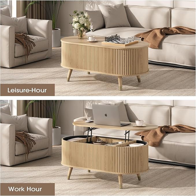 Oval Lift Top Coffee Table with Storage, 42.5” Fluted Coffee Table with Lifting Top & Solid Wood Legs, Mid Century Modern Center Table for Living Room, Home Office, Oak