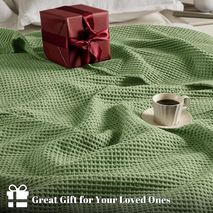 PHF Pre-Washed 100% Cotton Waffle Weave Blanket Queen Size for Bed,Snag Proof Throw Blanket for Couch Spring Summer Lightweight Breathable,Machine Washable, Home Decor Gift - Loden Green