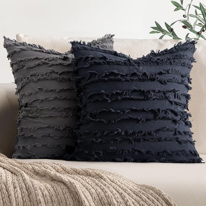 MIULEE Set of 2 Decorative Boho Throw Pillow Covers Linen Striped Jacquard Pattern Cushion Covers for Sofa Couch Living Room Bedroom 16x16 Inch Navy Blue