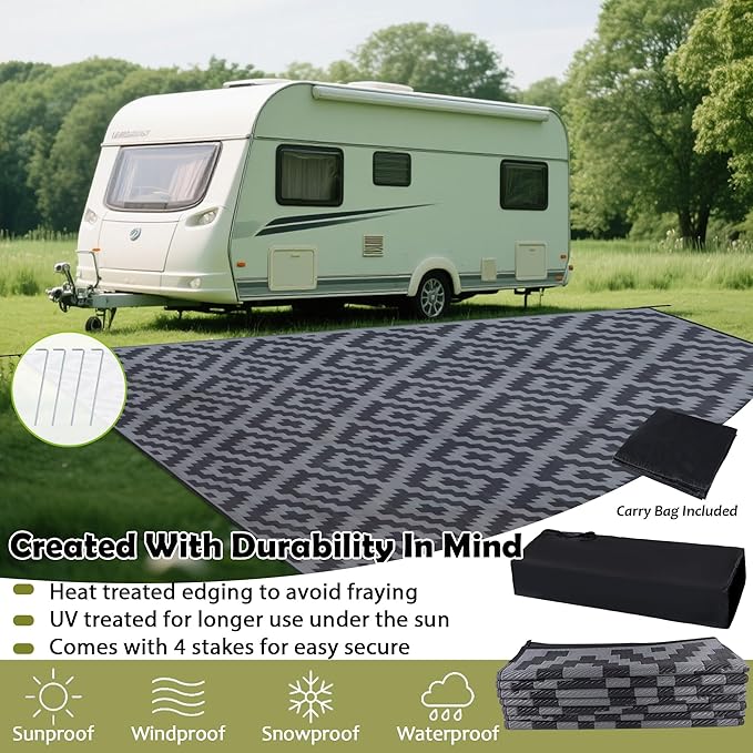 SAND MINE Waterproof Outdoor Rug, Plastic Reversible Rug, Modern Area Rug, Large Floor Mat for Outdoors, RV, Patio, Backyard, Deck, Picnic, Beach, Camping (10' x 14', Black Grey Lattice)