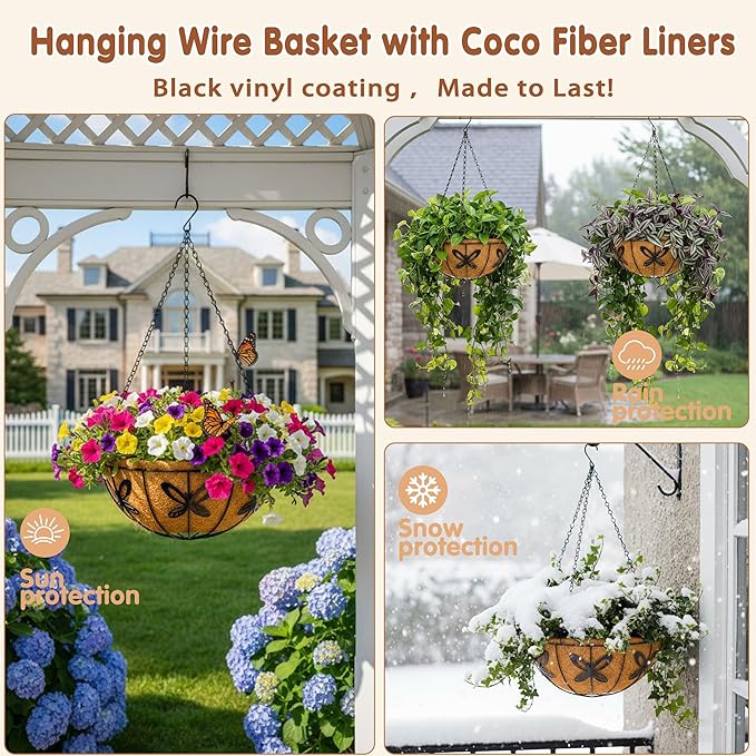 14 inch Metal Hanging Baskets For Plants Outdoor 4 Pack Round Metal Wire Hanging Basket Planter with Coco Fiber Liners Chain Round Wire Plant Holder for Garden, Patio, Deck, Porch Plants Flower Potss
