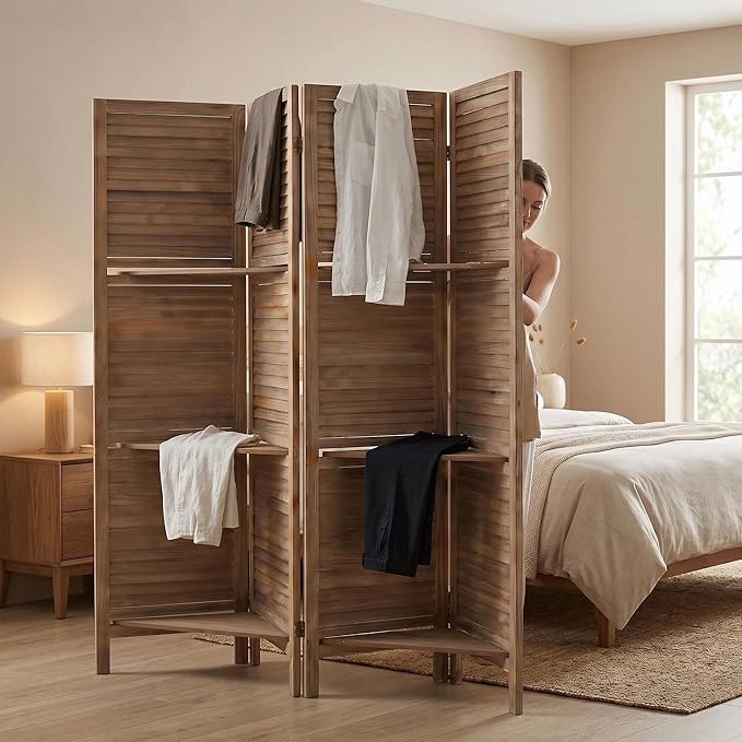 Bluecat 4 Panel Room Divider with Shelves,64" W x 67" H Foldable Privacy Screen, Freestanding Solid Wood Partition Wall for Home Office Bedroom, No Assembly Required,Dark Brown
