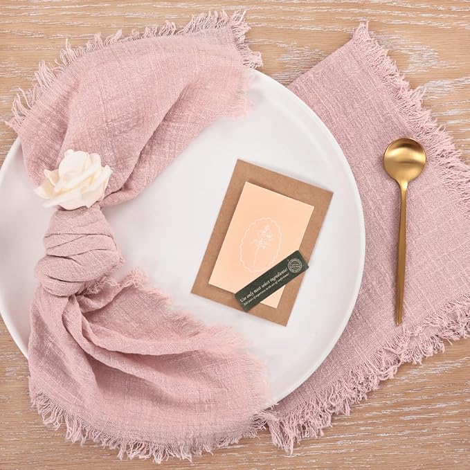 Socomi Set of 12 Linen Napkins Dusty Rose Easter Spring Cloth Napkins Washable Cotton Dinner Napkins Fringe 17"x17" for Wedding Party Bridal Baby Shower Birthday Table Decorations