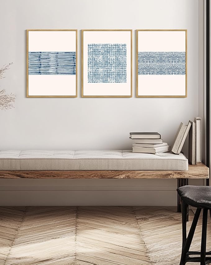 PHOPAGO Blue Abstract Framed Wall Art Modern Boho Neutral Line Wall Decor Bohemain Minimalist Geometric Artwork Home Decor - 12x16in Natural Framed