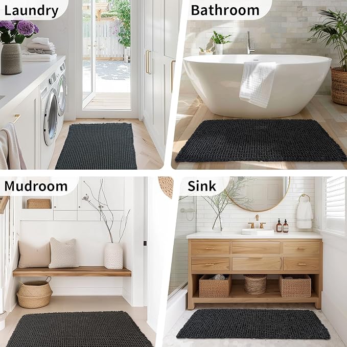 Bathroom Rugs Sets 2 Piece - Waffle Bath Mat Non Slip, Washable Bathroom Mats Absorbent Soft Boho Decor, Quick Dry Shower Mats, 2 Pack 18x30 Inch, Black