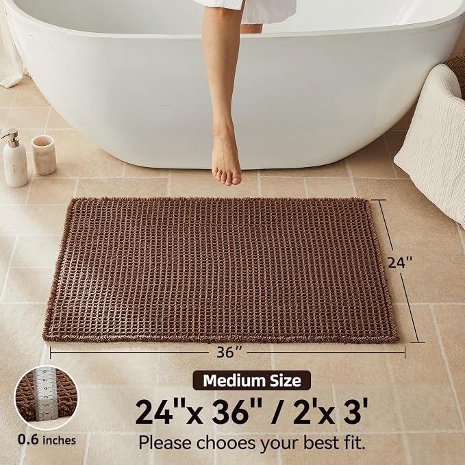 Triohero Waffle Bath Mat, Boho Bathroom Rugs Non Slip Washable, Ultra Soft Super Absorbent Quick Dry Farmhouse Bathroom Decor, 24" x 36", Mocha