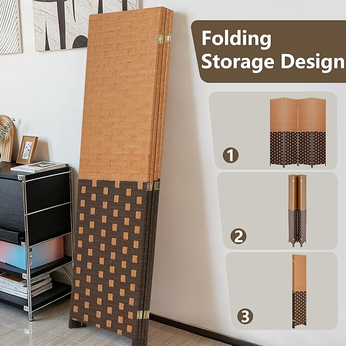 FDW Room Divider Wood Screen 4 Panel Folding Portable Partition Screens Wooden Mesh Woven Design Room Screen Divider for Home Office (Chocolate Brown)