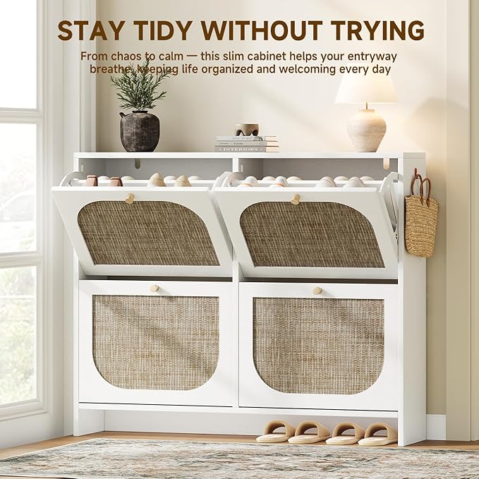 Nicetree Shoe Storage Cabinet for Entryway, Rattan Vintage Flip Shoe Rack- 4 Flip Drawers & 3-Tier Adjustable Shelves,Boho Shoe Organizer for 28-36 Pairs - Fits Size 12 Boots, 9.5" Ultra Slim (White)