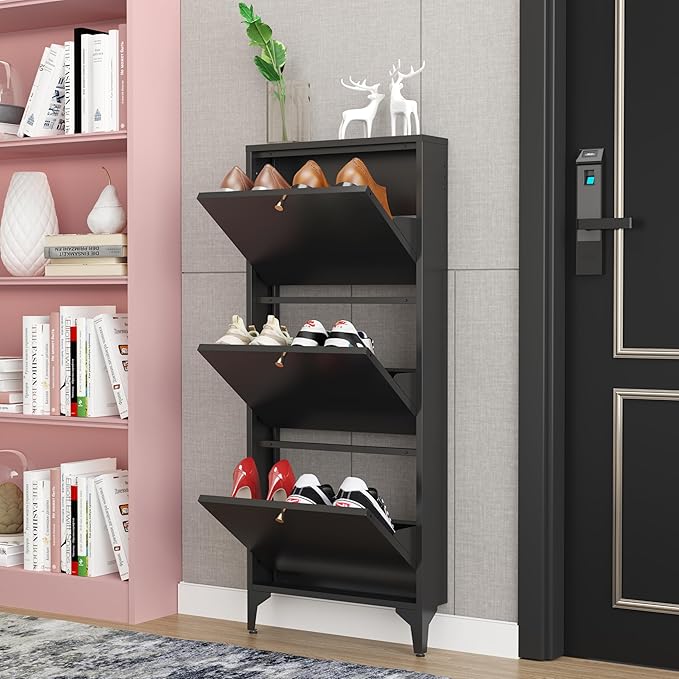 Shoe Cabinet with 3 Flip Drawers, 19" W Narrow Shoe Storage Cabinet, Farmhouse Shoe Organizer, Freestanding Organizer with Metal Legs for Entryway, Foyer (Narrow 3-Door, Black)