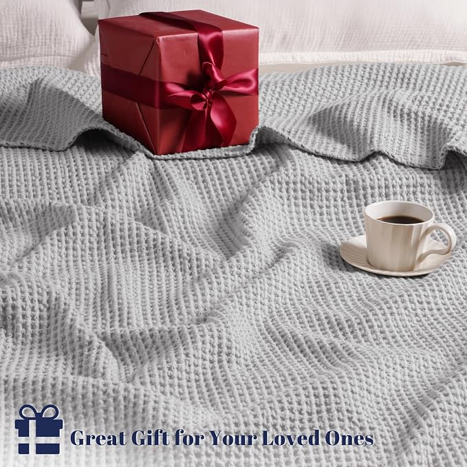 PHF Pre-Washed 100% Cotton Waffle Weave Blanket King Size for Bed,Snag Proof Throw Blanket for Couch Spring Summer Lightweight Breathable,Machine Washable, Home Decor Gift - Light Grey