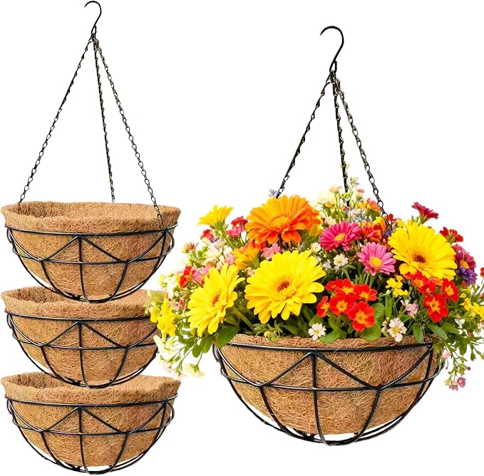4 Pack 12 Inch Metal Outdoor Hanging Baskets Black Heavy Duty Hanging Planters with Coco Liners for Indoor Outdoor Plants Gardens Patios Terraces（Geometric）