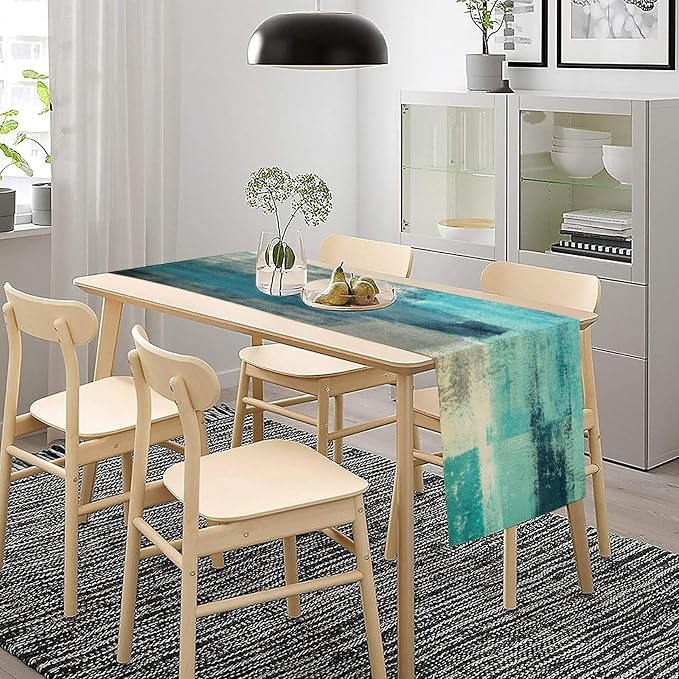 Teal Peacock Blue Abstract Art Contemporary Table Runner,Modern Neutral Decorative Pattern Table Runner for Coffee Table Dining Room Table Bedroom Party Holiday Decor 13x36inch