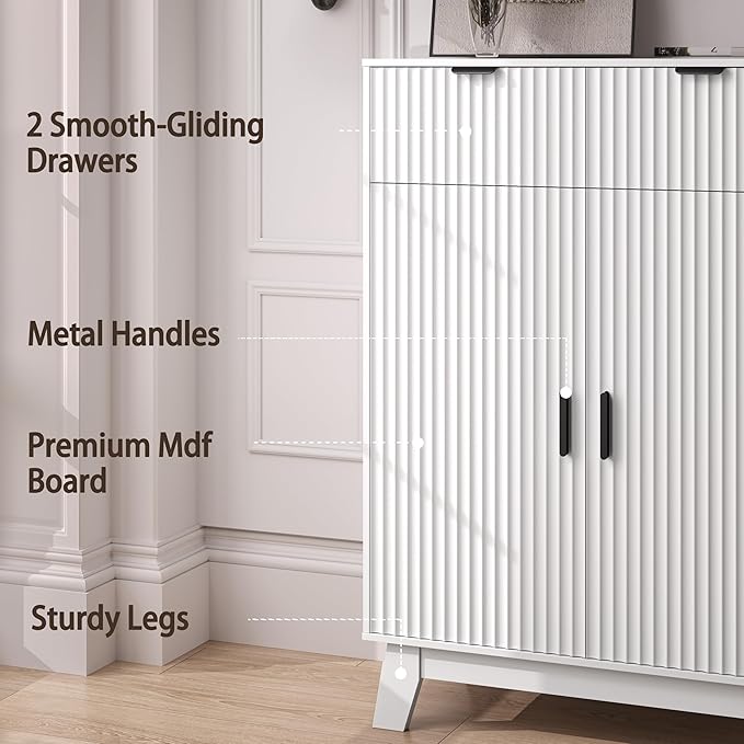 Fluted Shoe Cabinet, 4-Tier Mid Century Modern Narrow Shoe Storage Cabinet with Doors & 2 Drawers, Adjustable Shelves, Freestanding Hidden Shoe Rack Organizer & Wooden Legs for Entryway