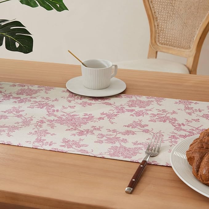100% Cotton French Pastoral Table Runners, 13x108 Inch Pink Farmhouse Table Runners 108 Inches Long, Vintage Flowers Print Home Decors