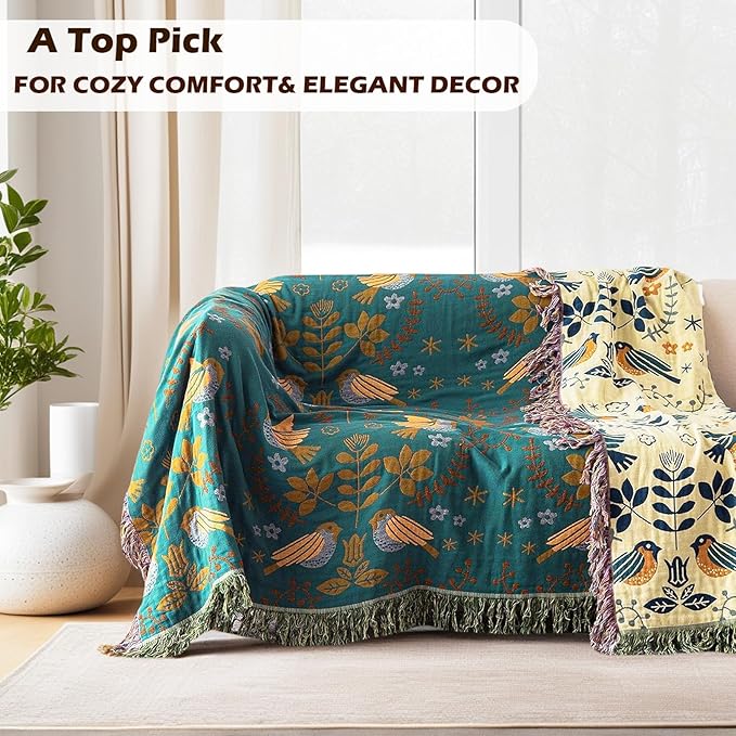 VANJOROY Boho Throw Blanket, 100% Organic Cotton Breathable Ultra Soft 50" x 60" Bed Quilt Throw - Floral Rustic Bird Farmhouse Decor Luxury Reversible Blanket for Sofa Couch Chair and Gift,Teal/Beige