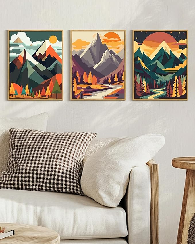 PHOPAGO Mountain Framed Wall Art Forest Wall Decor Nature Landscape Art Prints for Living Room Kitchen Decor - 11x14in Natural Framed