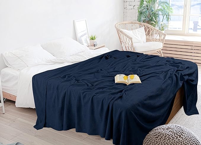 Utopia Bedding 100% Cotton Thermal Blanket Navy King Size Soft, Lightweight, Breathable, Cozy Spring and Summer Blankets for Bed, Home Room Decor Gifts for Women and Men (90x108 Inches)