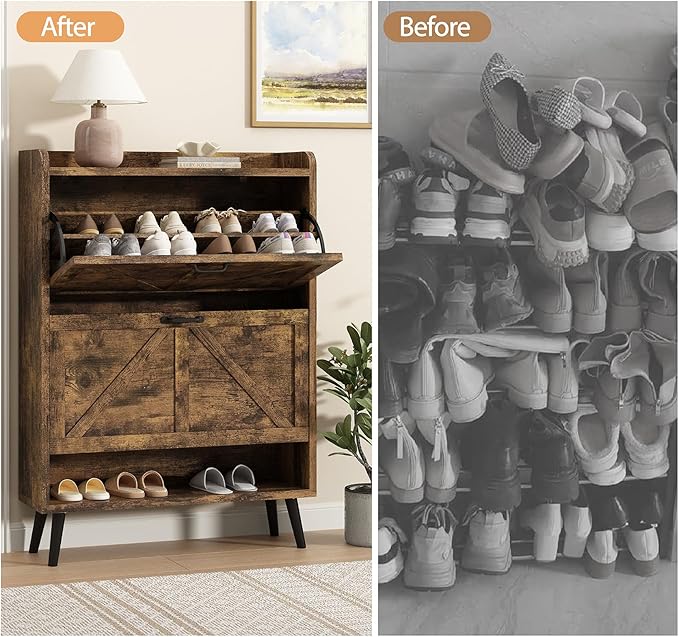 Shoe Storage Cabinet for Entryway, Hidden Shoe Cabinet with 2 Flip Drawers, Free Standing Wooden Shoe Cabinet for Hallway, Narrow Slim Shoe Organizer Shoe Rack