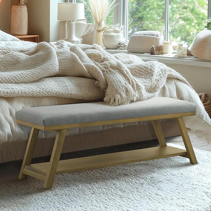 Zihanhome 45" Entryway Bench Upholstered Storage Bench for Bedroom Shoe Rack Bench for Living Room, Hallway, Mudroom, Balcony, Sturdy Indoor Bench Seat Holds Up to 300 lbs (Grey)