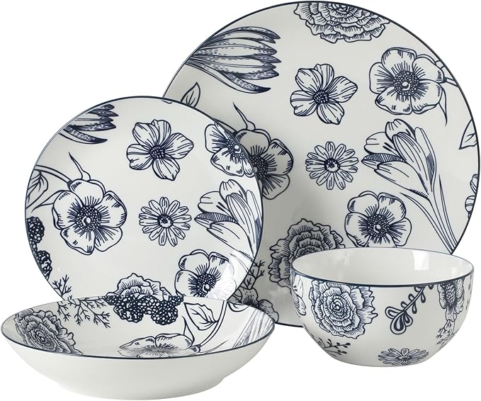 Gibson Home Westerly Court 16-Piece Dinnerware Set, Blue Floral Stoneware Plates & Bowls, Service for 4, Round Durable Everyday Dish Set