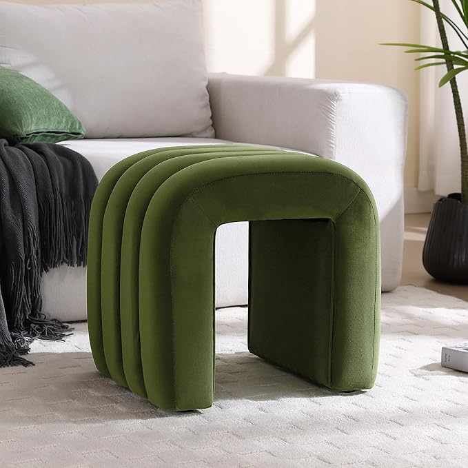 ONEVOG Velvet Pouf Ottoman,Olive Green Foot Rest for Couch 18 inch Cute Vanity Chair for Makeup, Sturdy Frame, Living Room Decor, Upholstered Footrest for Dorm, Bedroom