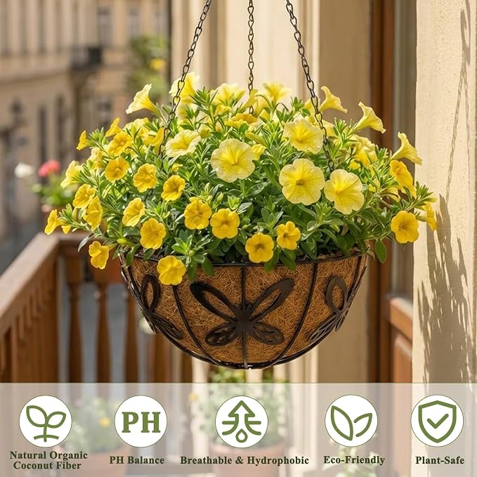 2 Pack Hanging Baskets for Plants Outdoor 10 Inch Butterfly Metal Hanging Planters with Coco Coir Liner, Round Hanging Flower Pots for Home Garden Patio Balcony Porch