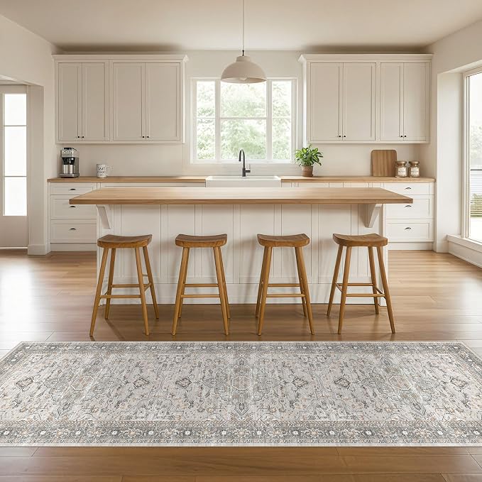 Runner Rug Kitchen Washable Rugs: 2x6 Non-Slip Boho Soft Vintage Stain Resistant Indoor Floor Neutral Farmhouse Throw Carpet for Hallway Bathroom Laundry Room Entryway Bedroom- Taupe