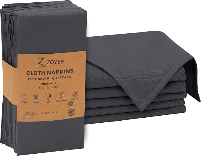 Zoyer Cloth Napkins Set of 4, 18x18 Inches Cotton Enrich Napkins Cloth ‎Washable, Soft & Durable Dinner Napkins for Parties, Wedding, Christmas, ‎Thanksgiving & Everyday Use - Dark Grey