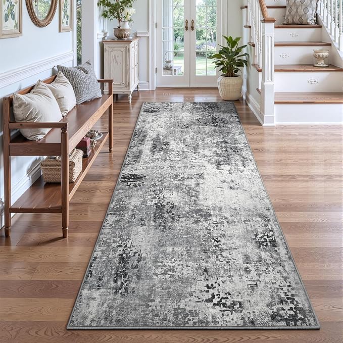 2x7 Grey Rug Runners for Hallways Kitchen Runner Rug Non Slip Washable Black Long Runner Rugs with Rubber Backing Soft Abstract Carpet Runner for Bedroom, Kitchen, Bathroom, Entryway