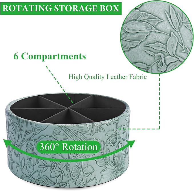 Remote Control Holder, 360°Spinning PU Leather Desk TV Remote Caddy,Desk Storage Box Room Accessories for Controller, Media,Mail,Calculator, Mobile Phone,Pencil(1-Carved Green2)