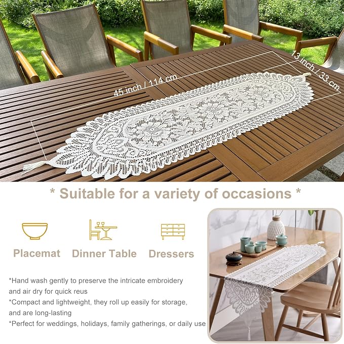 2Pcs Lace Table Runners with Tassels, Farmhouse Boho Doily Vintage Floral Dollies for Tables Dresser Nightstand Decor, 13"x45" (White)