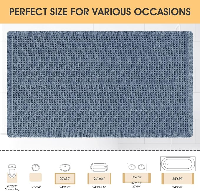 Upgrade Waffle Bath Mat, Boho Bathroom Rugs Absorbent Non Slip, Ultra Soft Bathroom Mat, Machine Washable Knit Bath Rugs with Herringbones for Bathroom, Bedroom, Kitchen, Shower, Tub, 32"x20", Blue