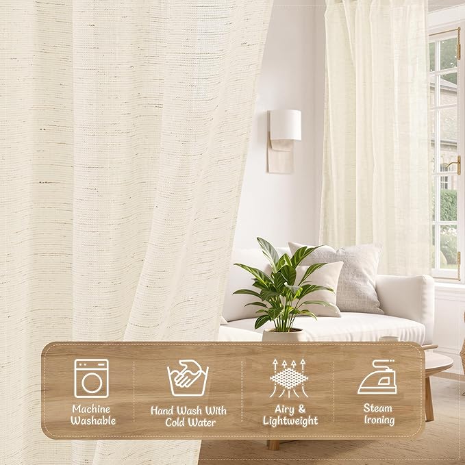 LAMIT Linen Sheer Curtains 84 Inches Long for Living Room, Soft Light Filtering Curtains Semi Sheer Back Tab and Rod Pocket Neutral Panels for Bedroom/Farmhouse, Beige, 2 Panels, 34 x 84 Inch