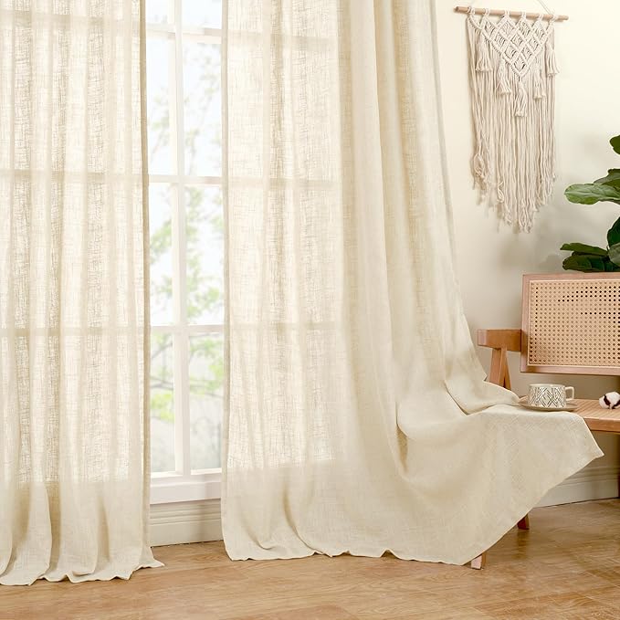 LAMIT 54 Inch Semi Sheer Window Linen Curtains, Light Filtering Panels Back Tab and Rod Pocket Neutral Drapes for Bedroom/Small Window, Beige, 2 Panels, 34 x 54 Inch