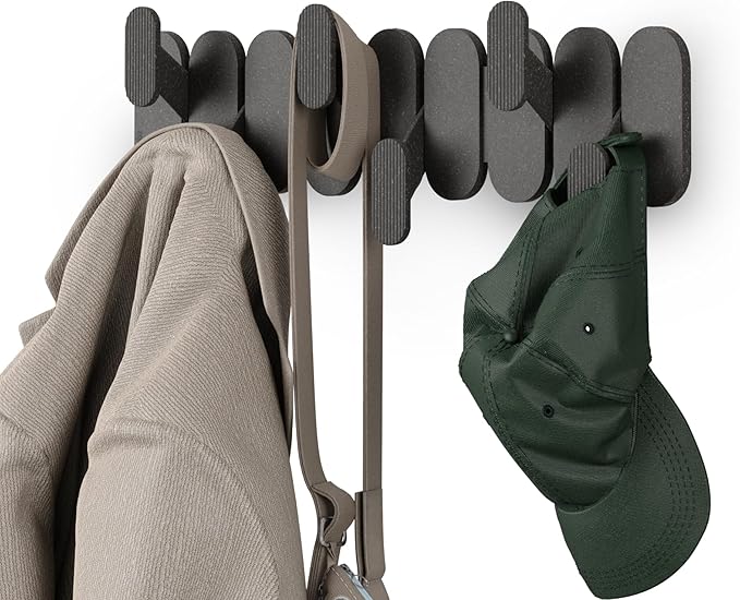 Umbra Tempo Wall Hook – Modern 6-Hook Coat & Towel Rack, Recycled ABS/Wood Fiber, Black, Easy Mount Entryway Organizer