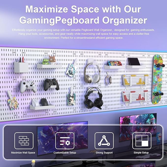 Peg Board, 4 Pack PP Plastic Pegboard Panels, White Pegboards Wall Organizer, Heavy Duty Peg Board for Walls Home, Garage Tool Storage, Office Organization, Craft Room, Kitchen