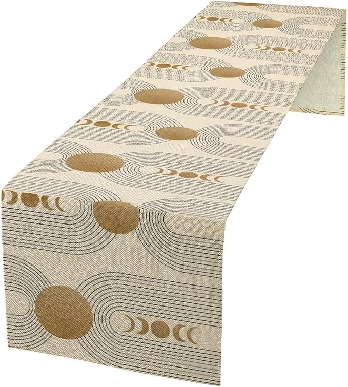 YCness Boho Table Runner Mid Century Modern Style Abstract Geometrical Gold Round Sun Moon Table Runner for Party Dining Living Room Kitchen Home, 13x108 Inch